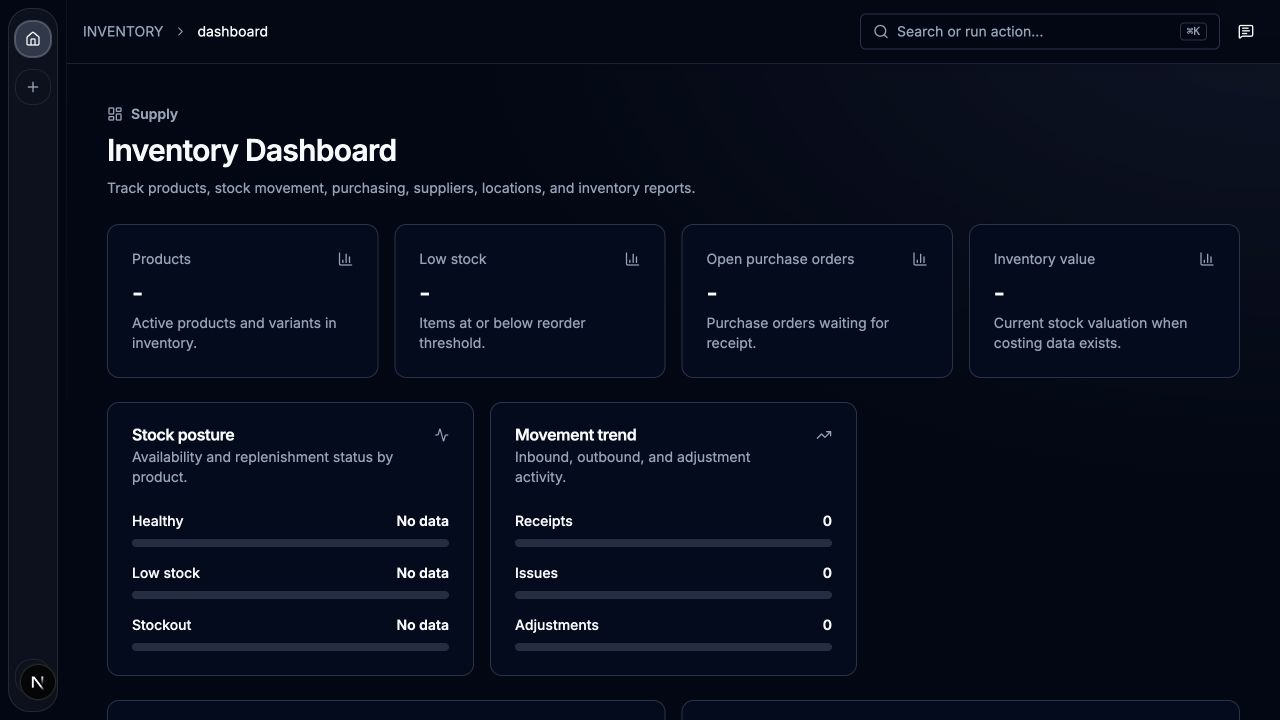 BinSuite Inventory dashboard showing stock posture and movement activity
