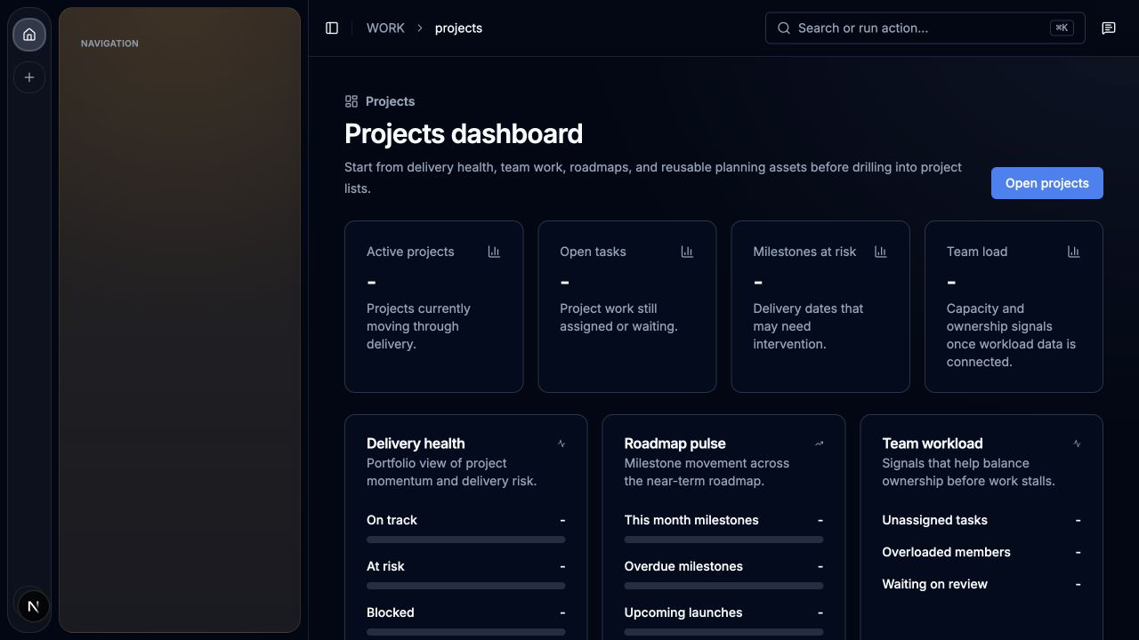 BinSuite Projects Dashboard showing project activity and work in progress